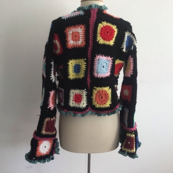 Up cycled granny square crib afghan cropped open front jacket / pockets Medium - Picture 6 of 7